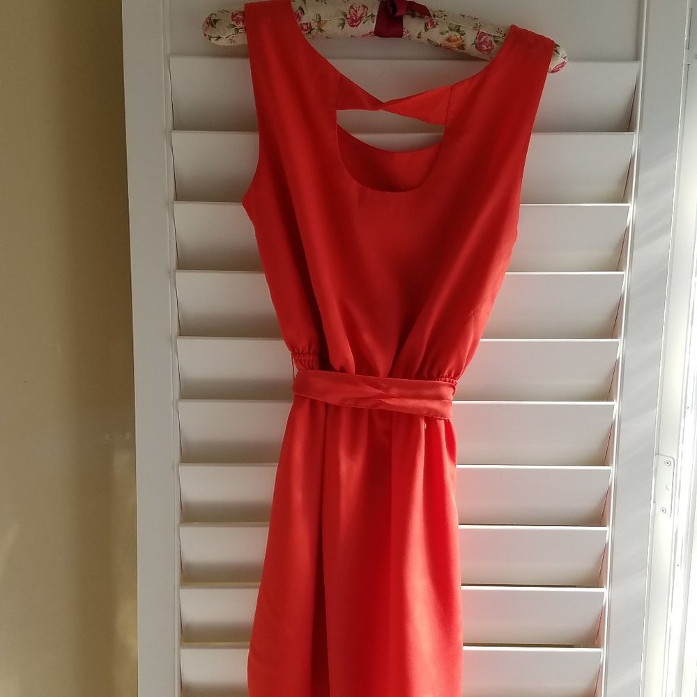 GAP Women's Small Sleeveless Skater Dress Cutout back Lava Orange Belted - Picture 2 of 10
